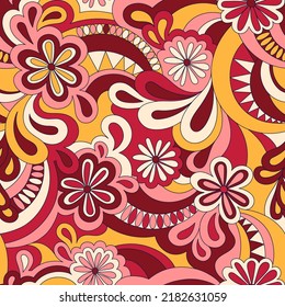 Psychedelic hippie seamless pattern. Vector nostalgic retro 60s groovy print. Vintage 70s wavy background. Textile and surface design with old fashioned hand drawn abstract floralel ements