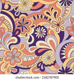 Psychedelic hippie seamless pattern. Vector nostalgic retro 60s groovy print. Vintage 70s wavy background. Textile and surface design with old fashioned hand drawn abstract floralel ements