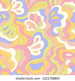 Psychedelic hippie seamless pattern. Vintage wavy background. Vector nostalgic retro 60s groovy illustration. Textile and surface design with old fashioned hand drawn naive geometric print