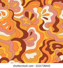 Psychedelic hippie seamless pattern. Vintage wavy background. Vector nostalgic retro 60s groovy illustration. Textile and surface design with old fashioned hand drawn naive geometric print