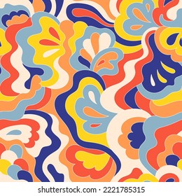 Patrón hippie psicodélico sin fisuras. Fondo ondulado vintage. Ilustración vectorial nostálgica retro de 60. Diseño textil y de superficie con una huella geométrica naive a la antigua