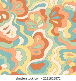 Psychedelisches Hippie-nahtloses Muster. Vintage, brauner Hintergrund. Vektor nostalgische Retro 60er Jahre groovy Illustration. Textil- und Oberflächendesign mit altmodischem, handgezeichnet naivem geometrischem Druck