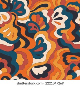 Psychedelic hippie seamless pattern. Vintage wavy background. Vector nostalgic retro 60s groovy illustration. Textile and surface design with old fashioned hand drawn naive geometric print
