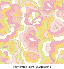 Psychedelic hippie seamless pattern. Vintage wavy background. Vector nostalgic retro 60s groovy illustration. Textile and surface design with old fashioned hand drawn naive geometric print