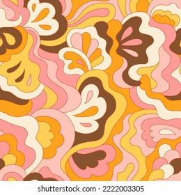 Psychedelic hippie seamless pattern. Vintage wavy background. Vector nostalgic retro 60s groovy illustration. Textile and surface design with old fashioned hand drawn naive geometric print