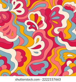 Psychedelic hippie seamless pattern. Vintage wavy background. Vector nostalgic retro 60s groovy illustration. Textile and surface design with old fashioned hand drawn naive geometric print