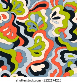 Psychedelic hippie seamless pattern. Vintage wavy background. Vector nostalgic retro 60s groovy illustration. Textile and surface design with old fashioned hand drawn naive geometric print