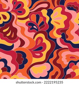 Psychedelic hippie seamless pattern. Vintage wavy background. Vector nostalgic retro 60s groovy illustration. Textile and surface design with old fashioned hand drawn naive geometric print