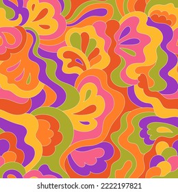 Patrón hippie psicodélico sin fisuras. Fondo ondulado vintage. Ilustración vectorial nostálgica retro de 60. Diseño textil y de superficie con una huella geométrica naive a la antigua