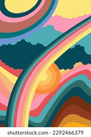 Psychedelic Hippie style retro 70s background. Groovy abstract 1970s, 1960s cover, poster, Template. Vintage Liquid rainbow striped design poster.