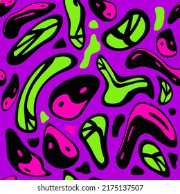 Psychedelic hippie style seamless pattern with distorted and glitched Yin and yang and Peace symbols. The 1970s mood aesthetics. 