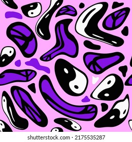 Estilo hippie psicodélico sin fisuras con símbolos Yin y yang y Peace distorsionados y relucientes. La estética del humor de los años 70. 