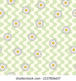 Psychedelic hippie surface pattern design. Abstract seamless vector pattern. Chamomile flowers and wavy stripes, 60s, 70s retro style. vintage floral background