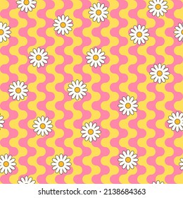 Psychedelic hippie surface pattern design. Abstract seamless vector pattern. Chamomile flowers and wavy stripes, 60s, 70s retro style. vintage floral background