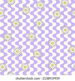 Psychedelic hippie surface pattern design. Abstract seamless vector pattern. Chamomile flowers and wavy stripes, 60s, 70s retro style. vintage floral background