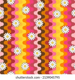 Psychedelic hippie surface pattern design. Abstract seamless vector pattern. Chamomile flowers and wavy stripes, 60s, 70s retro style. vintage floral background