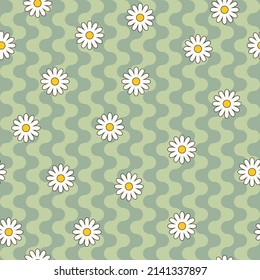 Psychedelic hippie surface pattern design. Abstract seamless vector pattern. Chamomile flowers and wavy stripes, 60s, 70s retro style. vintage floral background