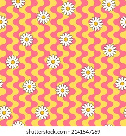 Psychedelic hippie surface pattern design. Abstract seamless vector pattern. Chamomile flowers and wavy stripes, 60s, 70s retro style. vintage floral background