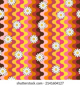 Psychedelic hippie surface pattern design. Abstract seamless vector pattern. Chamomile flowers and wavy stripes, 60s, 70s retro style. vintage floral background