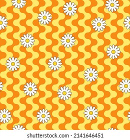 Psychedelic hippie surface pattern design. Abstract seamless vector pattern. Chamomile flowers and wavy stripes, 60s, 70s retro style. vintage floral background
