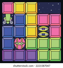 Hipóster psicodélico luminoso plano ilustración vectorial inusual que representa una nariz, ojos y boca y formas cuadradas de tetris contra el fondo del cielo del espacio y las estrellas