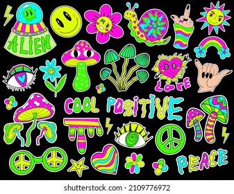 Psychedelic hipster set. Retro 70s, hippie stickers, groovy elements. Cartoon funky flowers, rainbow, vintage hippy style. vector illustration