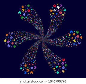 Psychedelic Home centrifugal flower with 6 petals on a dark background. Suggestive twist organized from scattered home items.