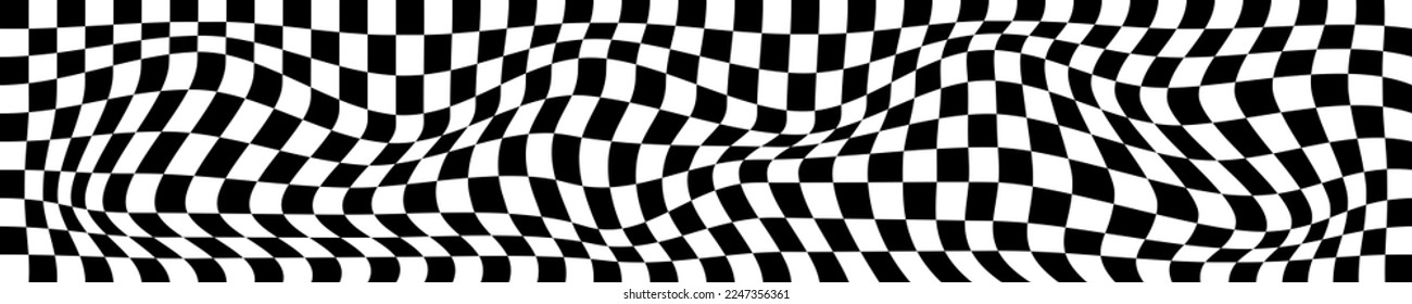 Psychedelic horizontal pattern with warped black and white squares. Distorted chess board background. Hypnotizing checkered optical illusion. Race flag texture. Trippy checkerboard surface.