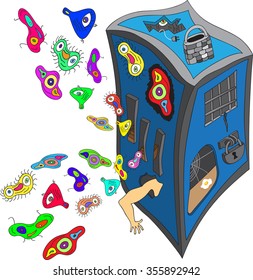 Psychedelic house with arm and multicolored microbes. Fantasy prison with the prisoner