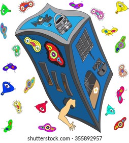 Psychedelic house with arm and multicolored microbes. Fantasy prison with the prisoner