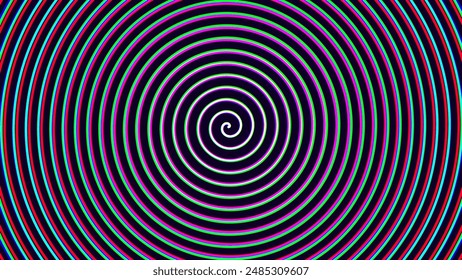 Psychedelic Hypnosis Spiral. Archimedean Spiral with Glitch RGB Red Green Blue Effect. Brainwash Propaganda Concept. Vector Illustration.