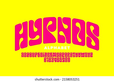 Psychedelic, hypnosis style font design, 1960s alphabet letters and numbers vector illustration