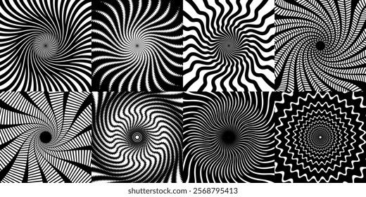 Psychedelic hypnosis swirl, hypnotic spiral patterns. Monochrome vector set of optical illusions with swirling circular shapes, wavy lines or rays. Abstract black and white surreal spiraling effect