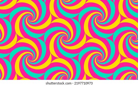 Psychedelic hypnotic background. Spiral surreal hypnosis seamless pattern. Optical illusion neon art with swirl circle elements, tidy vector design