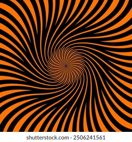 Psychedelic hypnotic Halloween spiral pattern. Vector optical illusion background with black and orange continuous flow of lines draws the eye towards the center, creating captivating visual effect