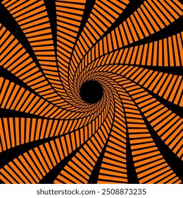 Padrão espiral hipnótico psicodélico Halloween. Fundo de ilusão óptica de vetor com vórtice girado cria um efeito visual de túnel. Linhas pretas e laranjas que giram e giram em direção ao centro