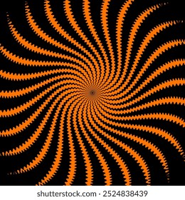 Padrão espiral hipnótico psicodélico Halloween. O plano de fundo vetorial com fluxo contínuo de linhas preto e laranja desenha o olho em direção ao centro, criando um efeito cativante de ilusão óptica visual