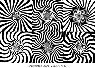 Psychedelic hypnotic spiral pattern backgrounds of vector hypnosis swirls. Optical illusion effect of geometric vortex or spin wheels in hypnotic spiral pattern with circular warp of wormhole tunnel