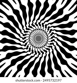 Psychedelic hypnotic spiral pattern, hypnosis swirl. Vector dynamic black and white vortex, illusion of movement and depth with mesmerizing and dizzying effect. Psychedelic abstract twirl background