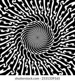 Padrão espiral hipnótico psicodélico, espiral de hipnose. Vórtice vetor dinâmico preto e branco, ilusão de movimento e profundidade com efeito hipnotizante e vertiginoso. Fundo de espiral abstrato psicodélico