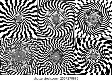 Psychedelic hypnotic spiral pattern, hypnosis swirls vector backgrounds set. Optical illusion monochrome patterns with vertigo twirl texture. Black white abstract geometric motif of hypnotic swirls