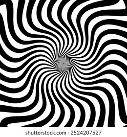 Psychedelic hypnotic spiral pattern. Vector abstract, mesmerizing black and white hypnosis swirl. Visual illusion creates a sense of movement and depth, evoking feelings of hypnosis and psychedeliaV