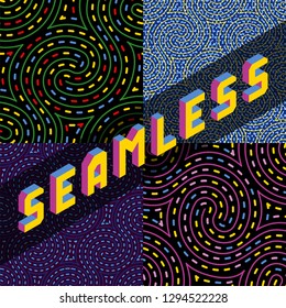 Psychedelic hypnotic swirl maze seamless vector pattern set