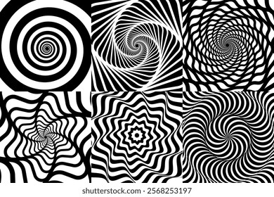 Psychedelic hypnotic swirl spiral pattern, hypnosis effect with optical illusion. Vertigo swirl vector backgrounds of black white wavy lines and spiral twirls. Abstract hypnotic geometric patterns set