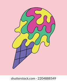 Psychedelic ice cream icon. Abstract poster or banner for website. Sweets, delicacy and dessert, gourmet. Fantasy, imagination, mental disorder and schizophrenia. Cartoon flat vector illustration