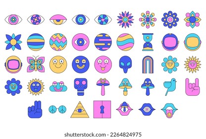 Psychedelic Icon Illustration Sticker Trippy Set Vector Background 