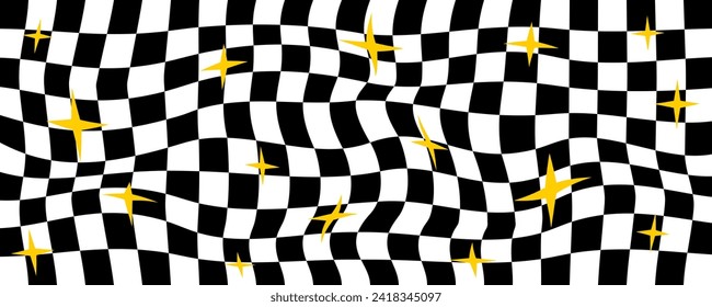 Psychedelic illusion black and white checkerboard with stars background