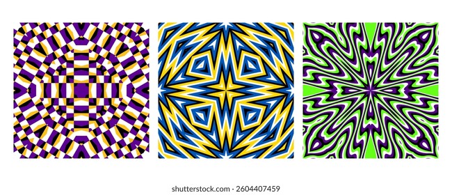 Psychedelic illusion patterns with bold contrast and intricate symmetrical forms. Inspired by optical distortions and retro design. Ideal for backgrounds, posters, and fashion prints.