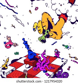 Psychedelic illustration about Chess. Vector. Surrealistic picture on the topic of management and business. Game of chess. Drawn elements. Cartoon flat style. Hand with pawn checkmate.