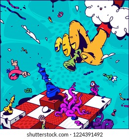Psychedelic illustration about Chess. Vector. Hand with pawn checkmate. Surrealistic picture on the topic of management and business. Game of chess. Drawn elements. Cartoon flat style.